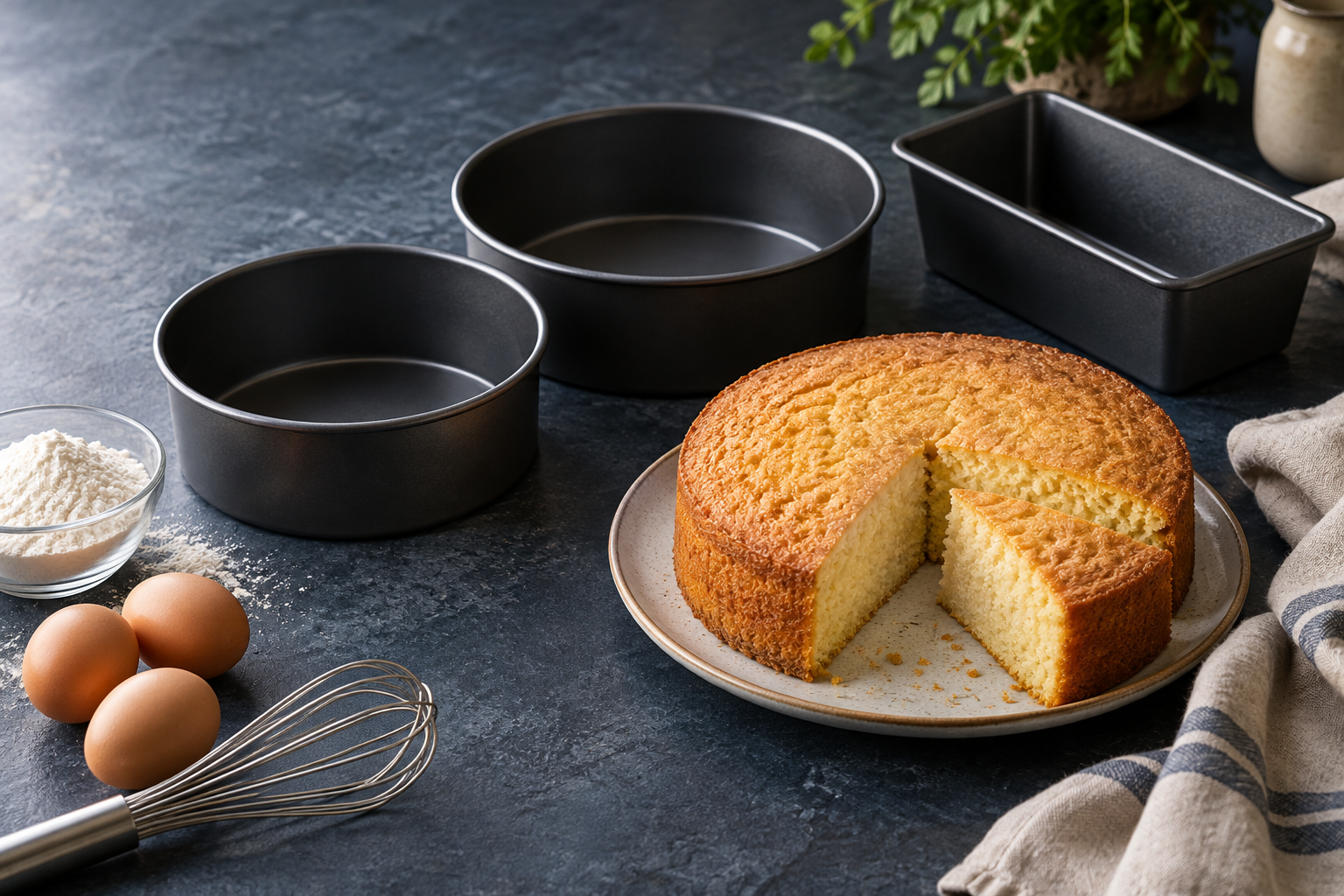 Baking pans and a homemade cake on a kitchen worktop